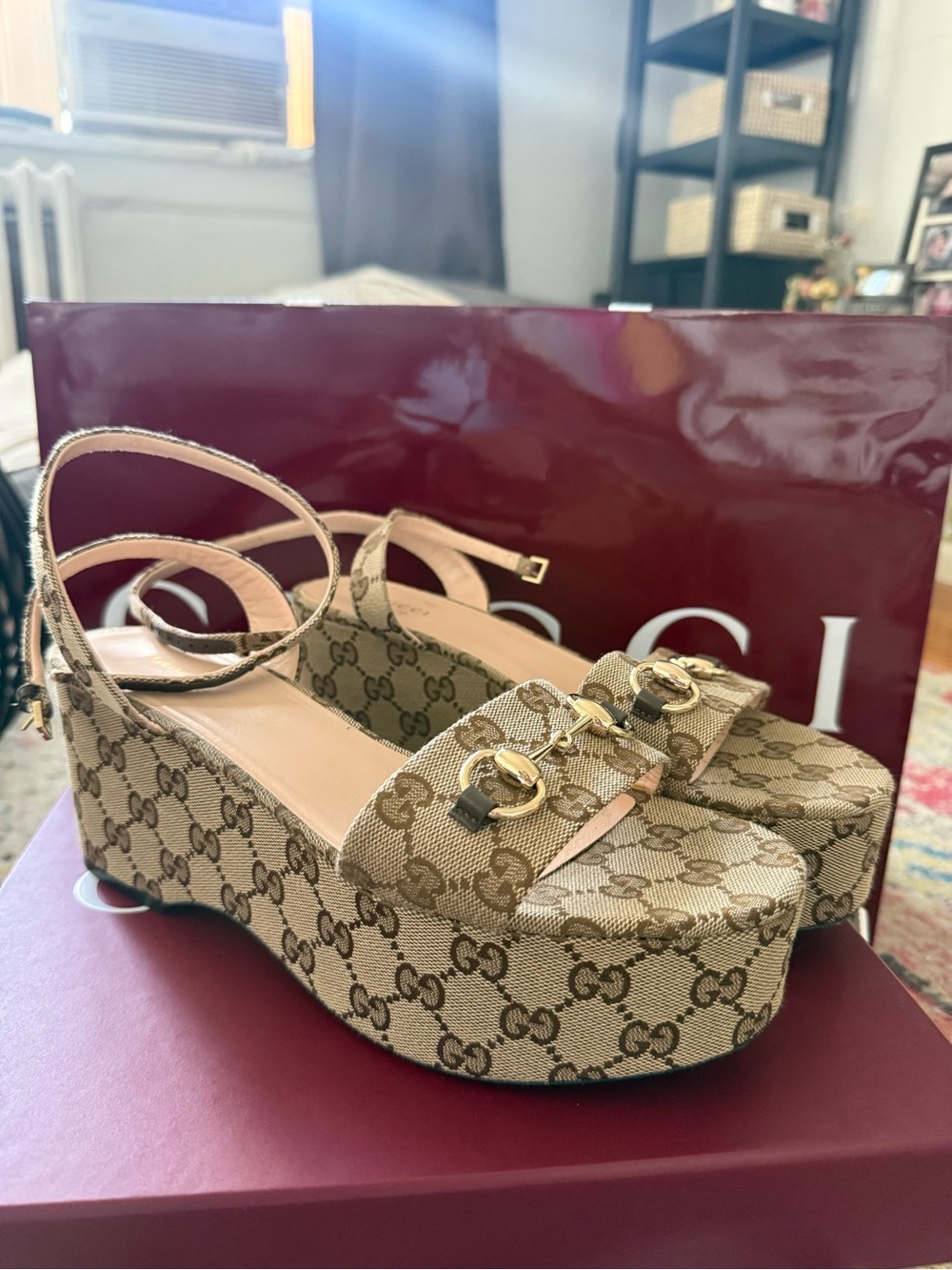 GUCCI Lady Horsebit GG Logo Canvas Platform Sandal